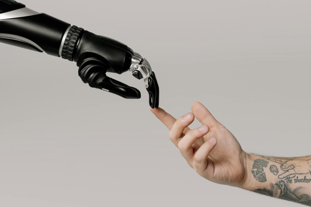 Doctor and AI touching hands