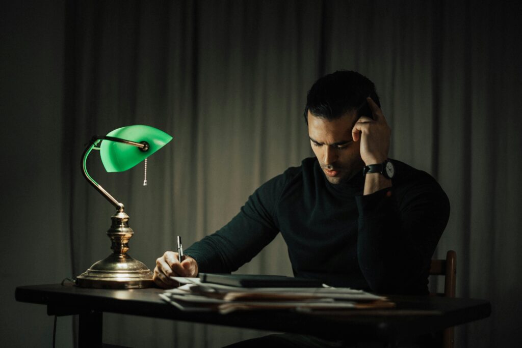 a man studying late